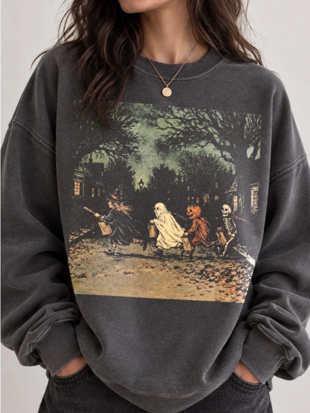 Dark Halloween Sweatshirt Gothic Skeleton & Spooky Witch Graphic, Ghost Pumpkin - Picture 2 of 7